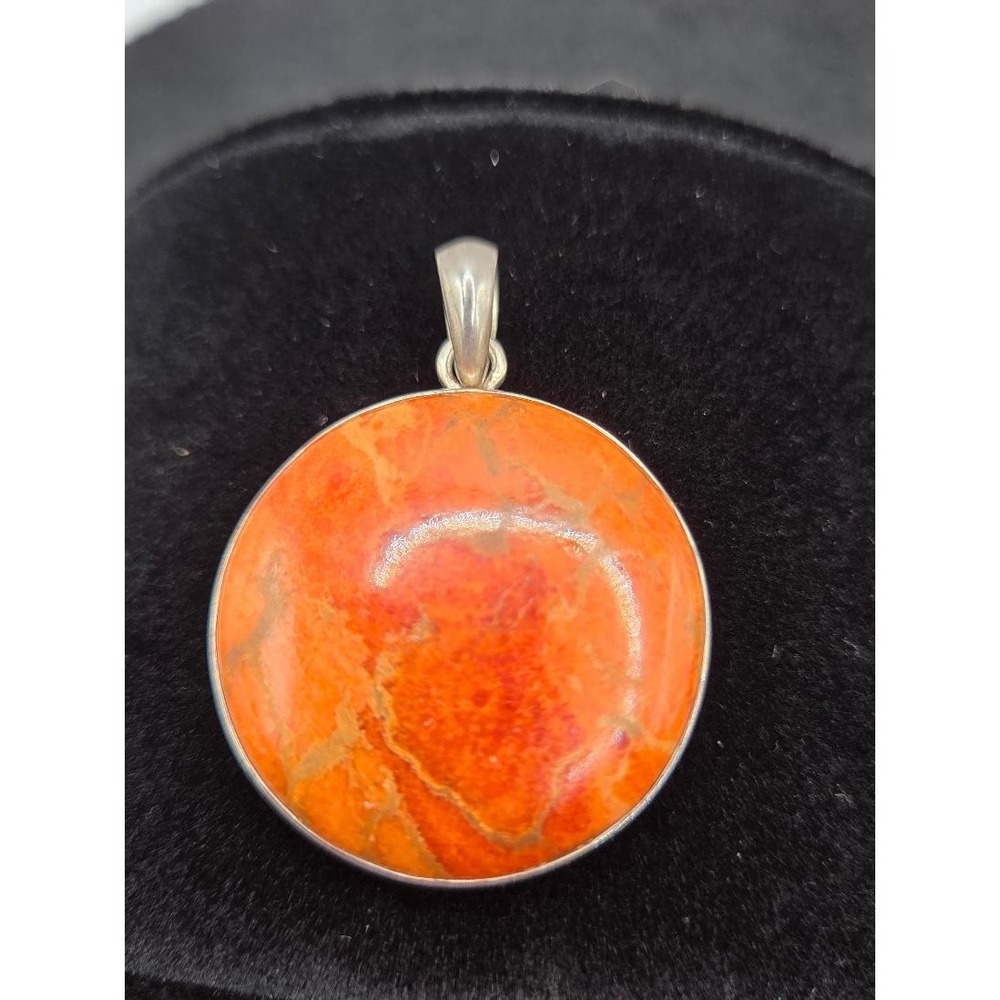 1.25" Orange Stone Pendant 925 Sterling Silver Round Cabochon Southwestern